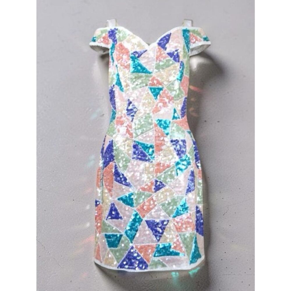 NADINE Multi Color 90’s Off Shoulder Sequin Dress Size Medium